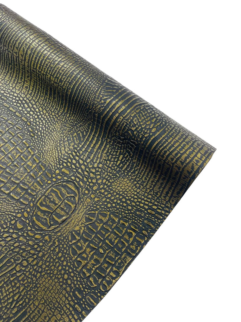 Alligator Faux Leather Vinyl - Black / Gold - Fabric 3D Scales Design Vinyl Alligator By Yard