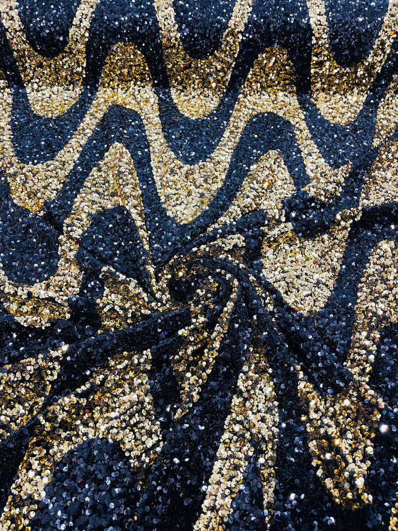 Wavy Line Velvet Sequins - Black / Gold - Velvet Sequins 2 Way Stretch Fabric 58/60” By Yard