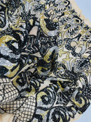 Open Heart Damask Design - Black / Gold - 4 Way Stretch Sequins Embroidered Fabric By Yard