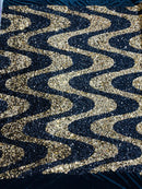 Wavy Line Velvet Sequins - Black / Gold - Velvet Sequins 2 Way Stretch Fabric 58/60” By Yard