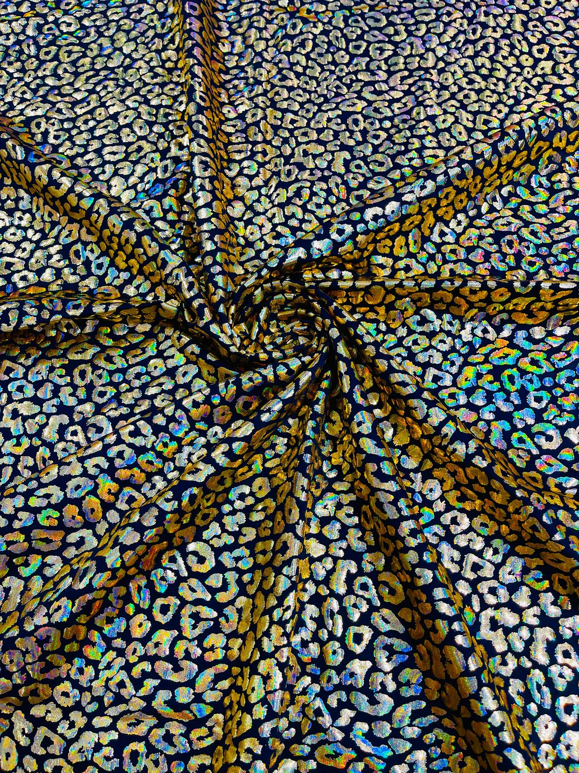 Cheetah Mystique Foil Fabric - Black / Gold - 58/60" 4 Way Stretch Iridescent Foil Cheetah Print Spandex Fabric By Yard