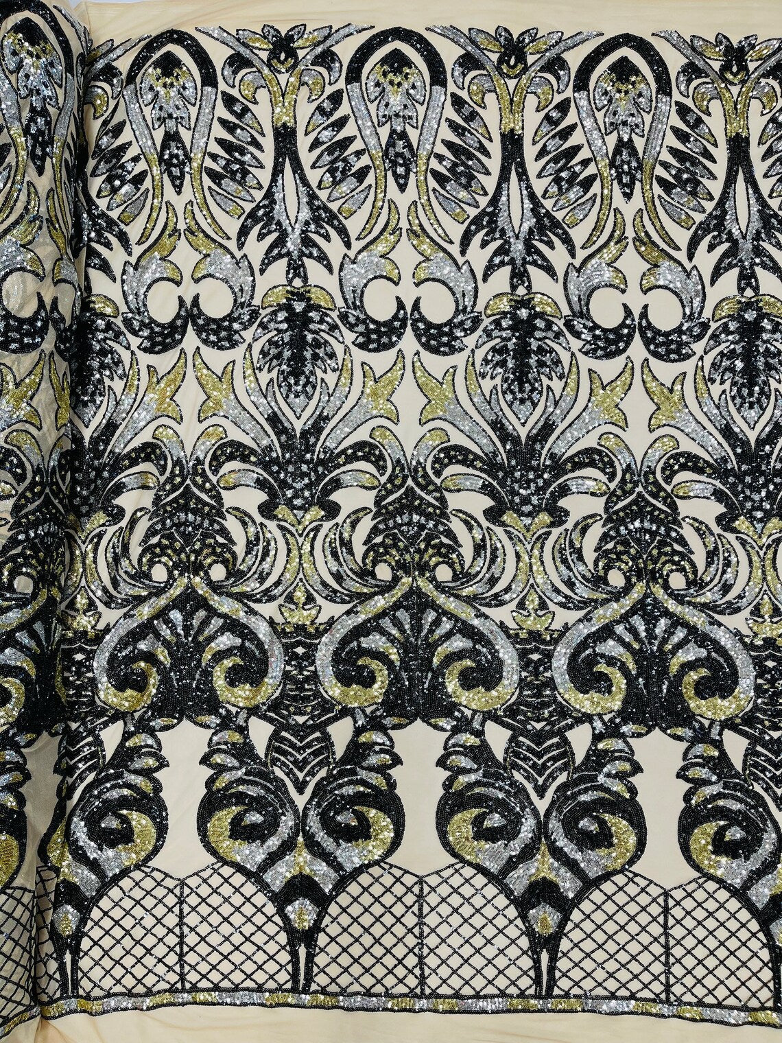Open Heart Damask Design - Black / Gold - 4 Way Stretch Sequins Embroidered Fabric By Yard