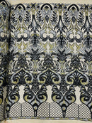 Open Heart Damask Design - Black / Gold - 4 Way Stretch Sequins Embroidered Fabric By Yard