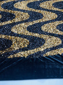 Wavy Line Velvet Sequins - Black / Gold - Velvet Sequins 2 Way Stretch Fabric 58/60” By Yard