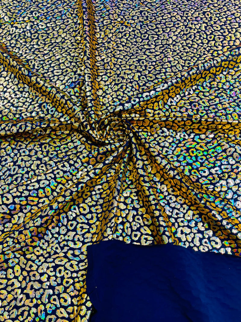 Cheetah Mystique Foil Fabric - Black / Gold - 58/60" 4 Way Stretch Iridescent Foil Cheetah Print Spandex Fabric By Yard