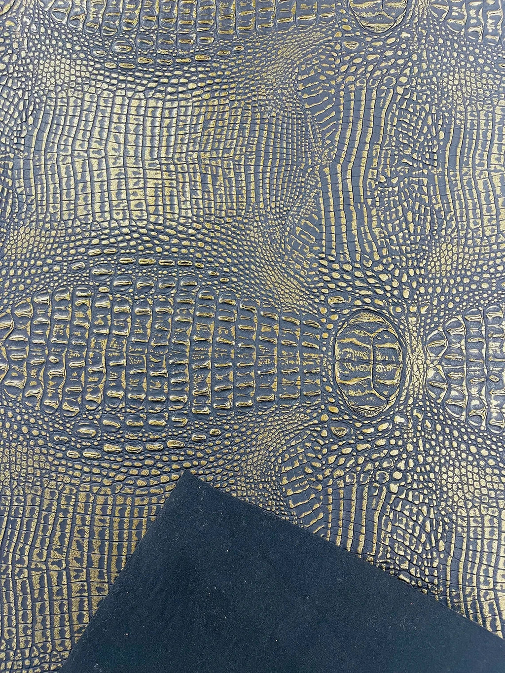 Alligator Faux Leather Vinyl - Black / Gold - Fabric 3D Scales Design Vinyl Alligator By Yard