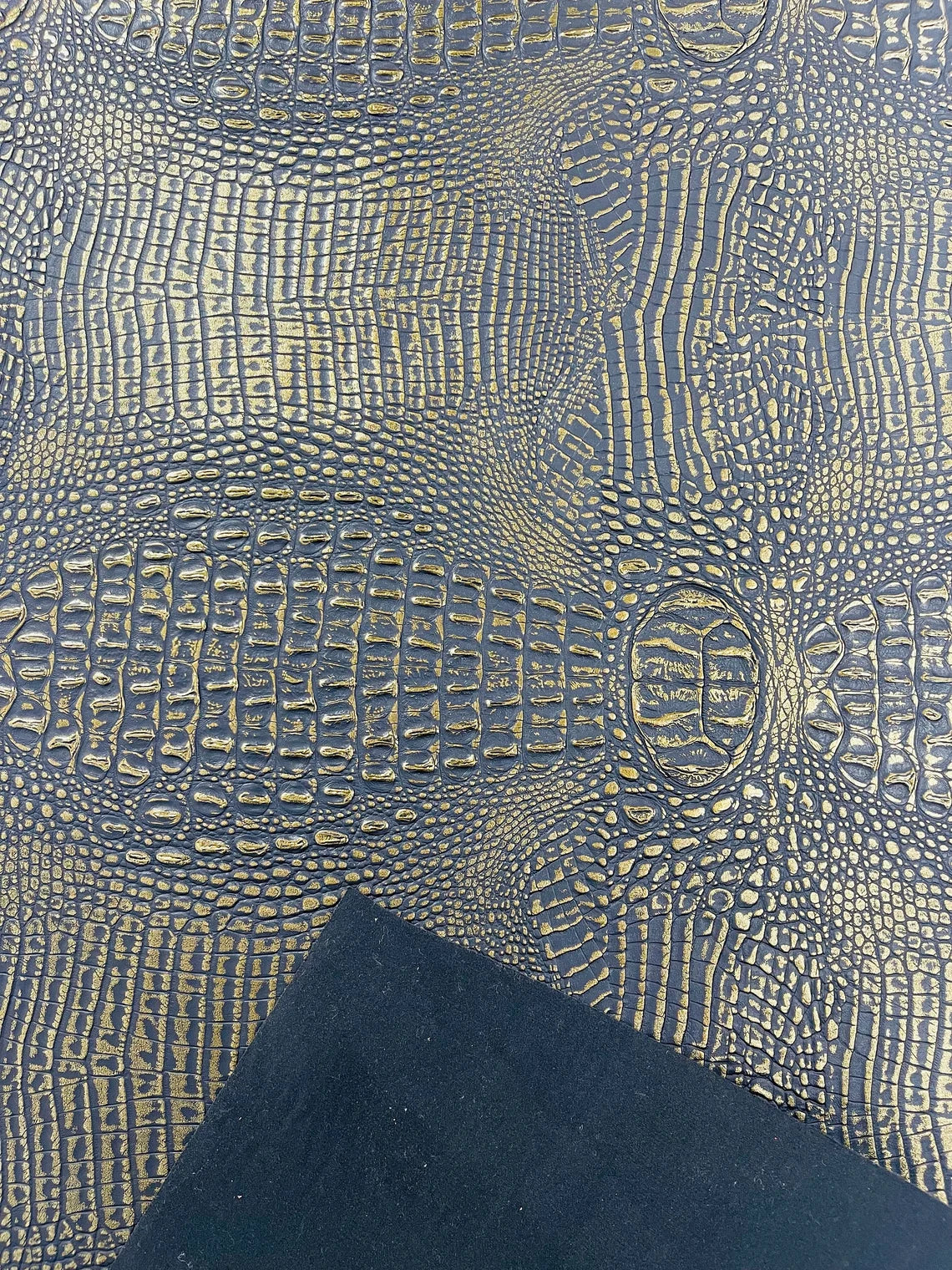 Alligator Faux Leather Vinyl - Black / Gold - Fabric 3D Scales Design Vinyl Alligator By Yard