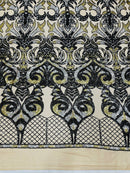 Open Heart Damask Design - Black / Gold - 4 Way Stretch Sequins Embroidered Fabric By Yard