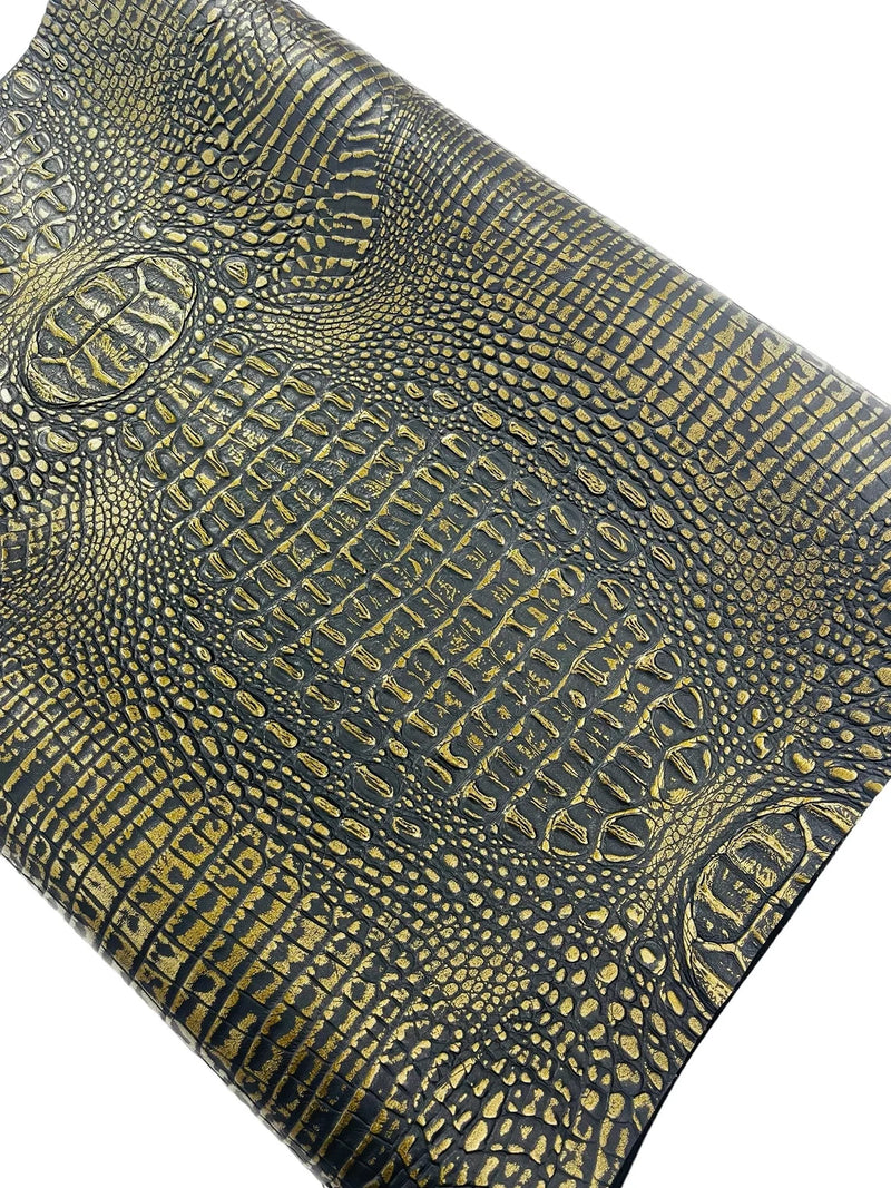 Alligator Faux Leather Vinyl - Black / Gold - Fabric 3D Scales Design Vinyl Alligator By Yard