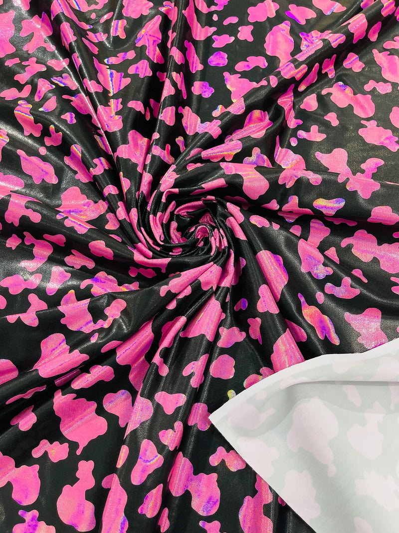 Cow Print Design Spandex - Hot Pink on Black Iridescent - Poly Spandex 4 Way Stretch Fabric By Yard