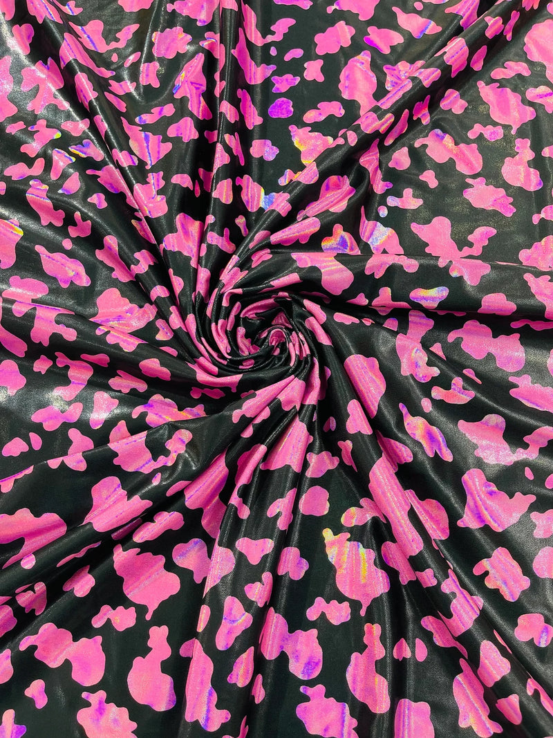 Cow Print Design Spandex - Hot Pink on Black Iridescent - Poly Spandex 4 Way Stretch Fabric By Yard