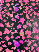Cow Print Design Spandex - Hot Pink on Black Iridescent - Poly Spandex 4 Way Stretch Fabric By Yard
