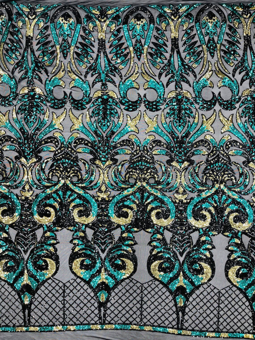 Open Heart Damask Design - Black / Hunter Green - 4 Way Stretch Sequins Embroidered Fabric By Yard