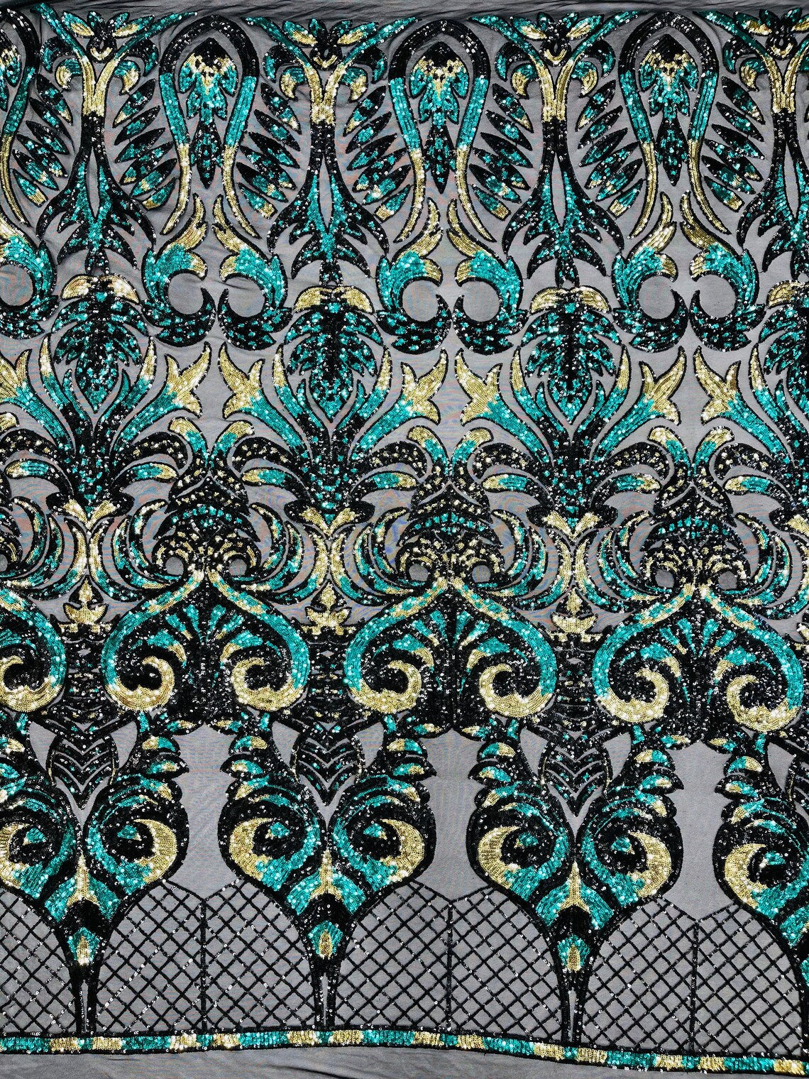 Open Heart Damask Design - Black / Hunter Green - 4 Way Stretch Sequins Embroidered Fabric By Yard