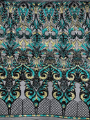 Open Heart Damask Design - Black / Hunter Green - 4 Way Stretch Sequins Embroidered Fabric By Yard