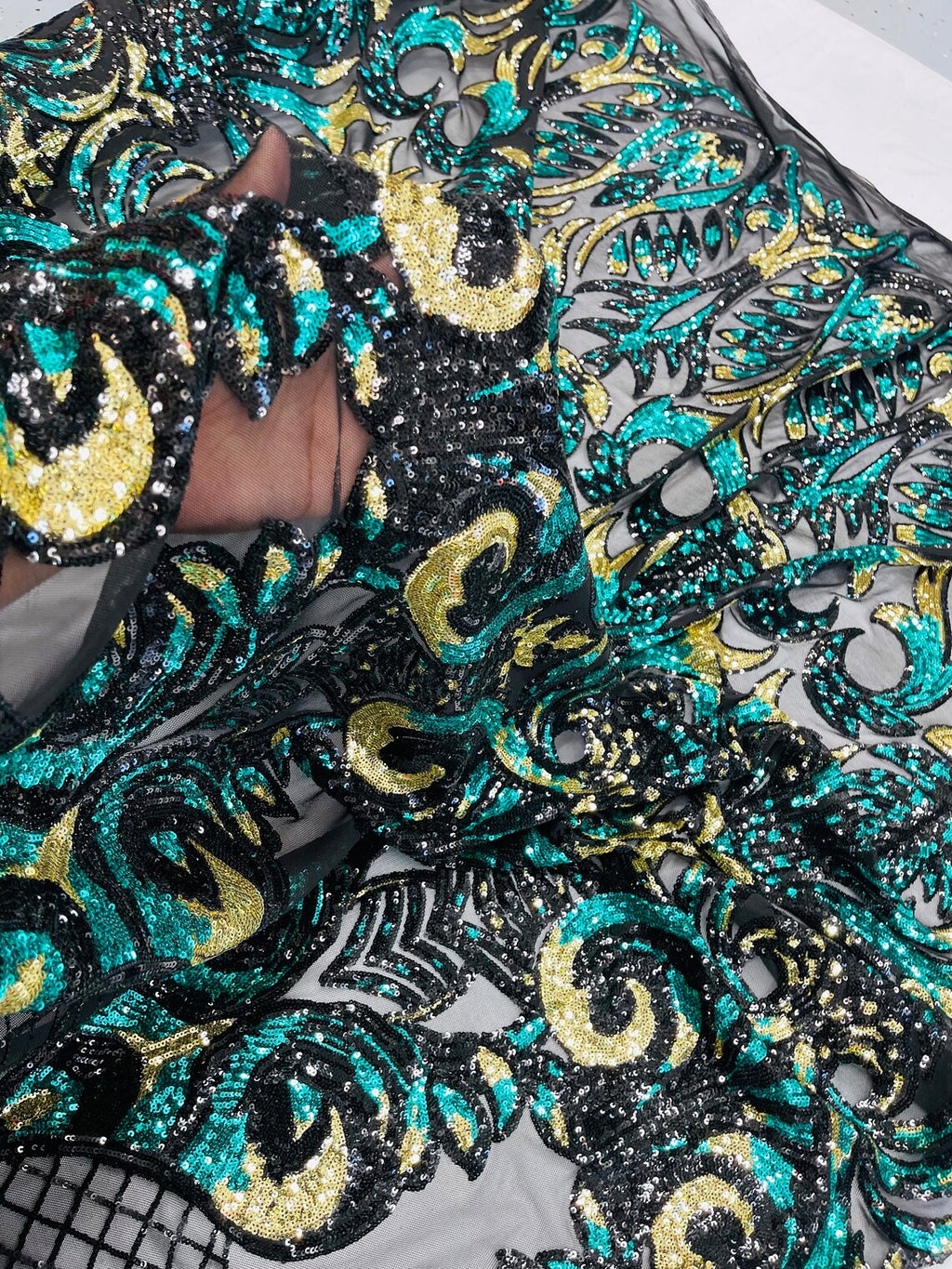 Open Heart Damask Design - Black / Hunter Green - 4 Way Stretch Sequins Embroidered Fabric By Yard