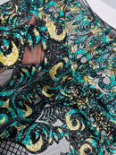 Open Heart Damask Design - Black / Hunter Green - 4 Way Stretch Sequins Embroidered Fabric By Yard