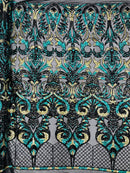 Open Heart Damask Design - Black / Hunter Green - 4 Way Stretch Sequins Embroidered Fabric By Yard