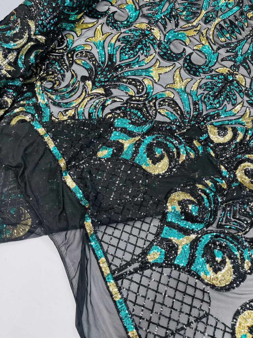 Open Heart Damask Design - Black / Hunter Green - 4 Way Stretch Sequins Embroidered Fabric By Yard