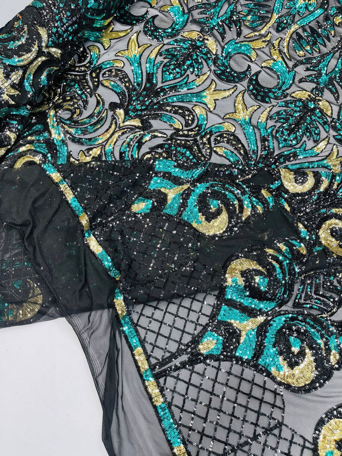 Open Heart Damask Design - Black / Hunter Green - 4 Way Stretch Sequins Embroidered Fabric By Yard
