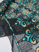 Open Heart Damask Design - Black / Hunter Green - 4 Way Stretch Sequins Embroidered Fabric By Yard