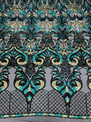Open Heart Damask Design - Black / Hunter Green - 4 Way Stretch Sequins Embroidered Fabric By Yard