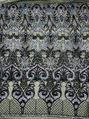Open Heart Damask Design - Black / Navy Blue - 4 Way Stretch Sequins Embroidered Fabric By Yard