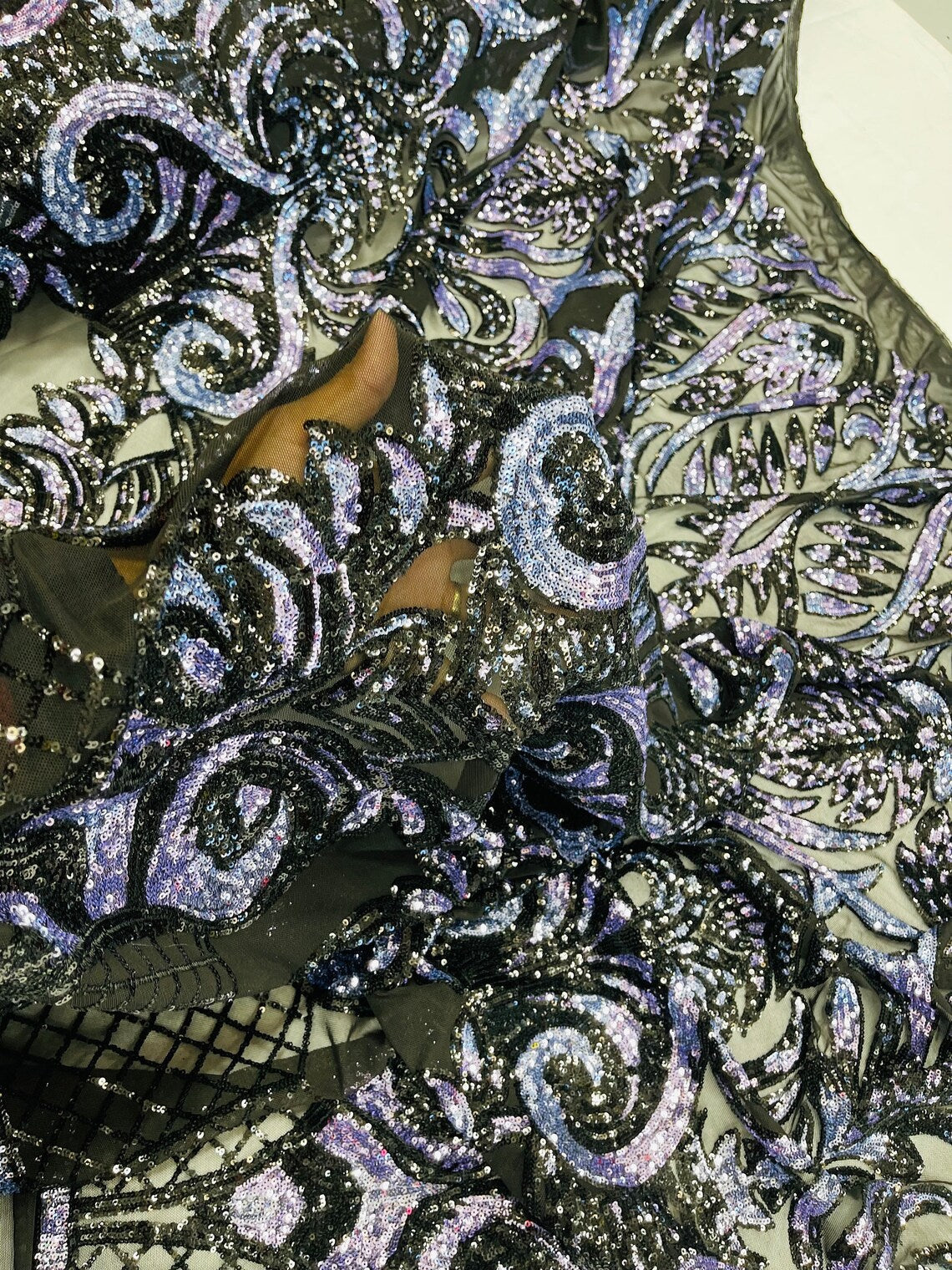 Open Heart Damask Design - Black / Navy Blue - 4 Way Stretch Sequins Embroidered Fabric By Yard