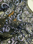 Open Heart Damask Design - Black / Navy Blue - 4 Way Stretch Sequins Embroidered Fabric By Yard