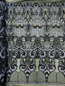 Open Heart Damask Design - Black / Navy Blue - 4 Way Stretch Sequins Embroidered Fabric By Yard