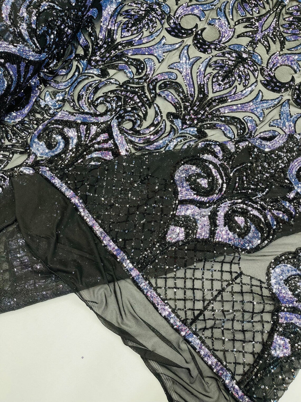 Open Heart Damask Design - Black / Navy Blue - 4 Way Stretch Sequins Embroidered Fabric By Yard