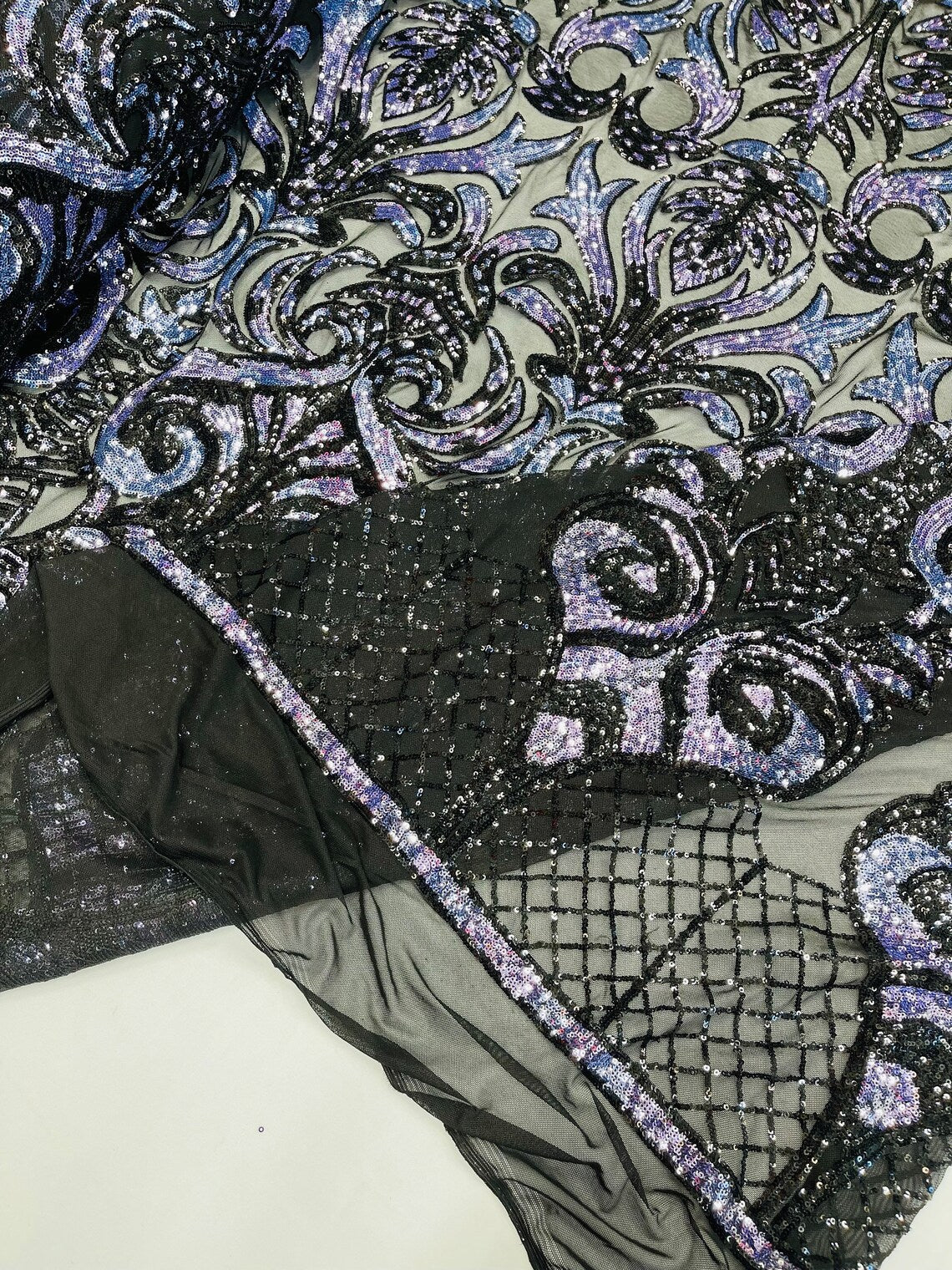 Open Heart Damask Design - Black / Navy Blue - 4 Way Stretch Sequins Embroidered Fabric By Yard