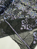 Open Heart Damask Design - Black / Navy Blue - 4 Way Stretch Sequins Embroidered Fabric By Yard