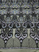 Open Heart Damask Design - Black / Navy Blue - 4 Way Stretch Sequins Embroidered Fabric By Yard