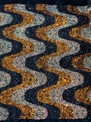 Wavy Line Velvet Sequins - Black / Orange/ Clear Iridescent - Velvet Sequins 2 Way Stretch Fabric 58/60” By Yard