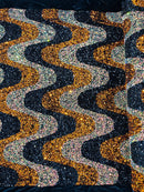 Wavy Line Velvet Sequins - Black / Orange/ Clear Iridescent - Velvet Sequins 2 Way Stretch Fabric 58/60” By Yard