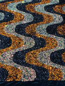 Wavy Line Velvet Sequins - Black / Orange/ Clear Iridescent - Velvet Sequins 2 Way Stretch Fabric 58/60” By Yard