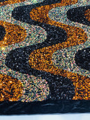 Wavy Line Velvet Sequins - Black / Orange/ Clear Iridescent - Velvet Sequins 2 Way Stretch Fabric 58/60” By Yard
