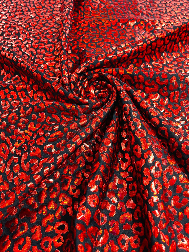 Cheetah Mystique Foil Fabric - Black / Red - 58/60" 4 Way Stretch Iridescent Foil Cheetah Print Spandex Fabric By Yard