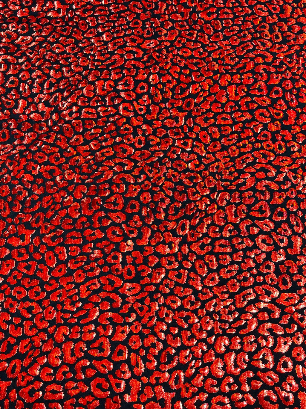 Cheetah Mystique Foil Fabric - Black / Red - 58/60" 4 Way Stretch Iridescent Foil Cheetah Print Spandex Fabric By Yard