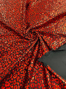 Cheetah Mystique Foil Fabric - Black / Red - 58/60" 4 Way Stretch Iridescent Foil Cheetah Print Spandex Fabric By Yard