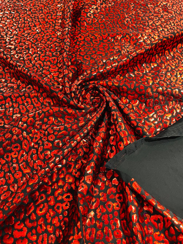 Cheetah Mystique Foil Fabric - Black / Red - 58/60" 4 Way Stretch Iridescent Foil Cheetah Print Spandex Fabric By Yard