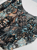 Open Heart Damask Design - Black / Rose Gold / Blue 4 Way Stretch Sequins Embroidered Fabric Yard