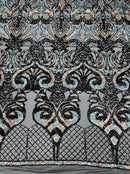 Open Heart Damask Design - Black / Rose Gold / Blue 4 Way Stretch Sequins Embroidered Fabric Yard