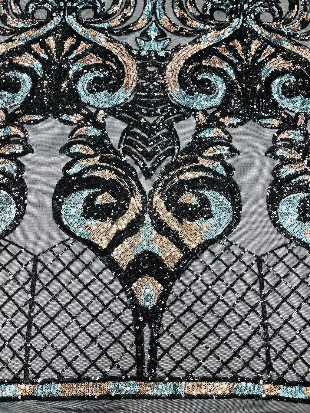 Open Heart Damask Design - Black / Rose Gold / Blue 4 Way Stretch Sequins Embroidered Fabric Yard