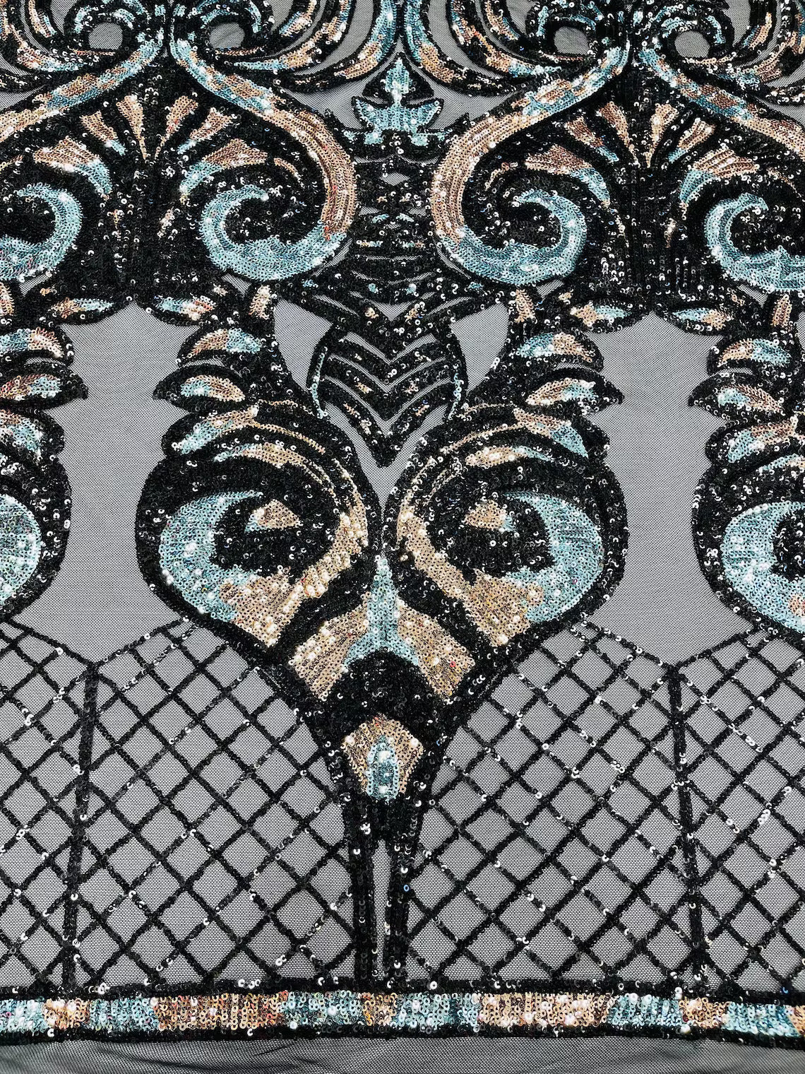 Open Heart Damask Design - Black / Rose Gold / Blue 4 Way Stretch Sequins Embroidered Fabric Yard