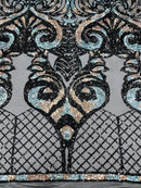 Open Heart Damask Design - Black / Rose Gold / Blue 4 Way Stretch Sequins Embroidered Fabric Yard