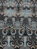 Open Heart Damask Design - Black / Rose Gold / Blue 4 Way Stretch Sequins Embroidered Fabric Yard