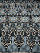 Open Heart Damask Design - Black / Rose Gold - 4 Way Stretch Sequins Embroidered Fabric By Yard