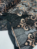 Open Heart Damask Design - Black / Rose Gold - 4 Way Stretch Sequins Embroidered Fabric By Yard